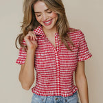 LaRoque Ziggy Top in Red and Cream Check, cropped cotton poplin with collared V-neck