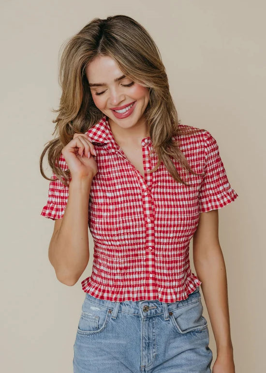 LaRoque Ziggy Top in Red and Cream Check, cropped cotton poplin with collared V-neck