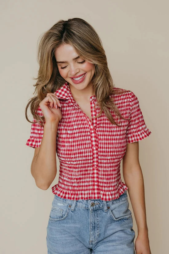 LaRoque Ziggy Top in Red and Cream Check, cropped cotton poplin with collared V-neck