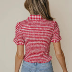 LaRoque Ziggy Top in Red and Cream Check, ruched texture detail
