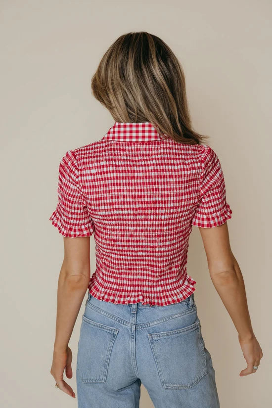 LaRoque Ziggy Top in Red and Cream Check, ruched texture detail