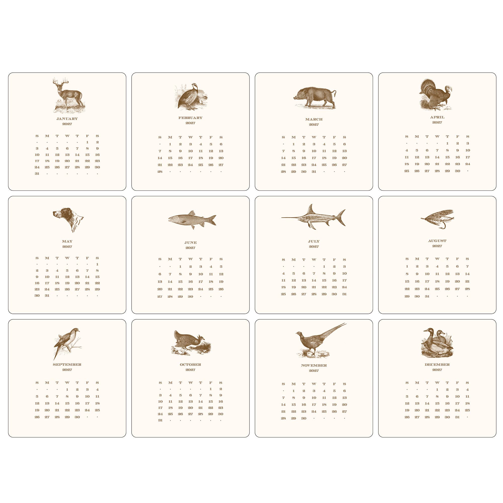 2027 Hunt Calendar, Maison de Papier - monthly illustration