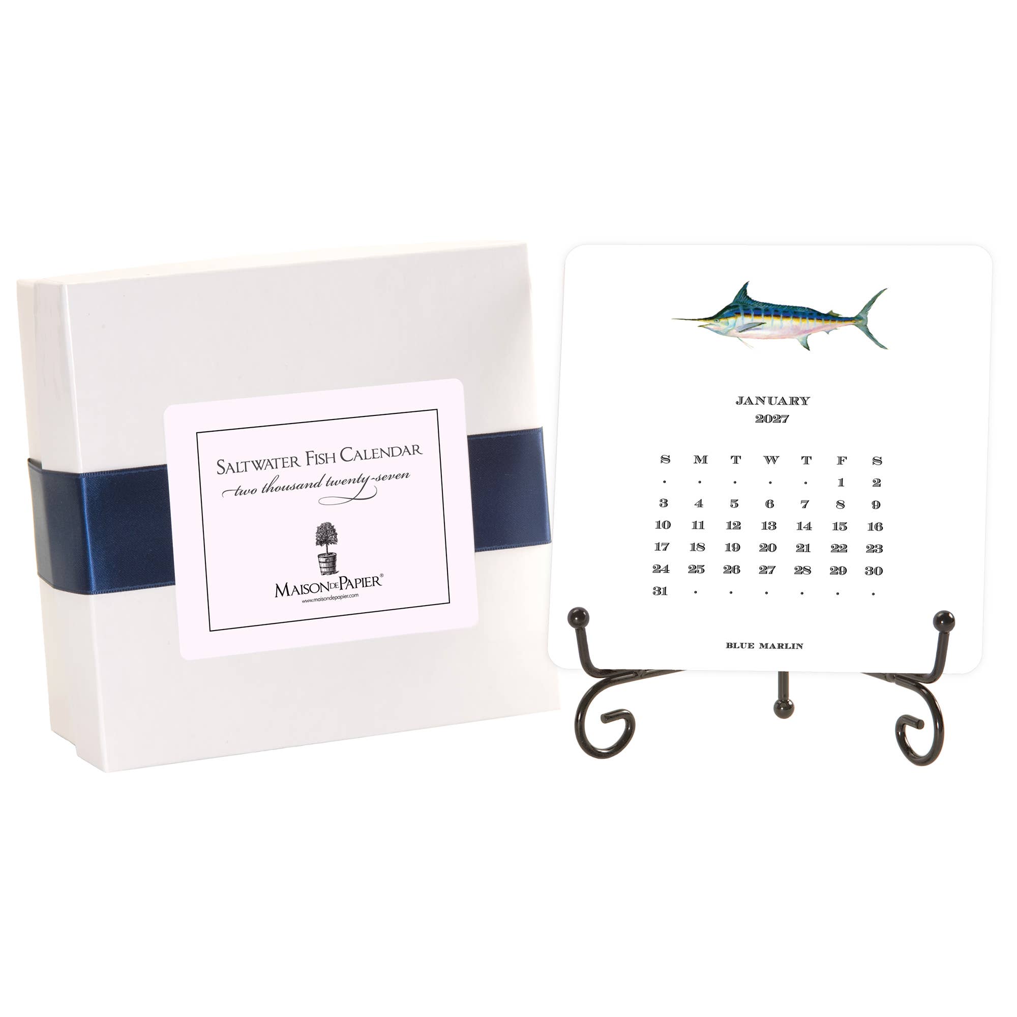 2027 Saltwater Fish Calendar with Easel, Maison de Papier - calendar on gold easel