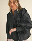 Pintuck Denim Blouse -Black