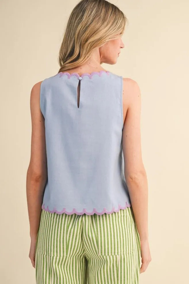 Ice Blue Floral Embroidery Tank