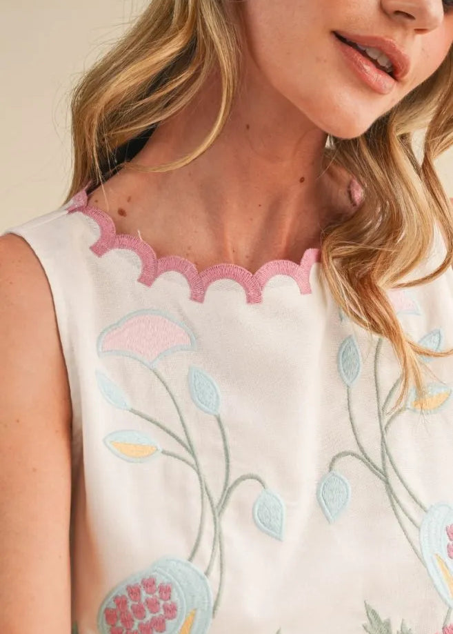 White Floral Embroidery Tank