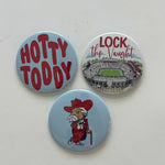 Ole Miss game day pin-back button set featuring Hotty Toddy, Lock the Vaught, and Colonel Reb designs, from Chatsworth Boutique in Fairhope, Alabama.