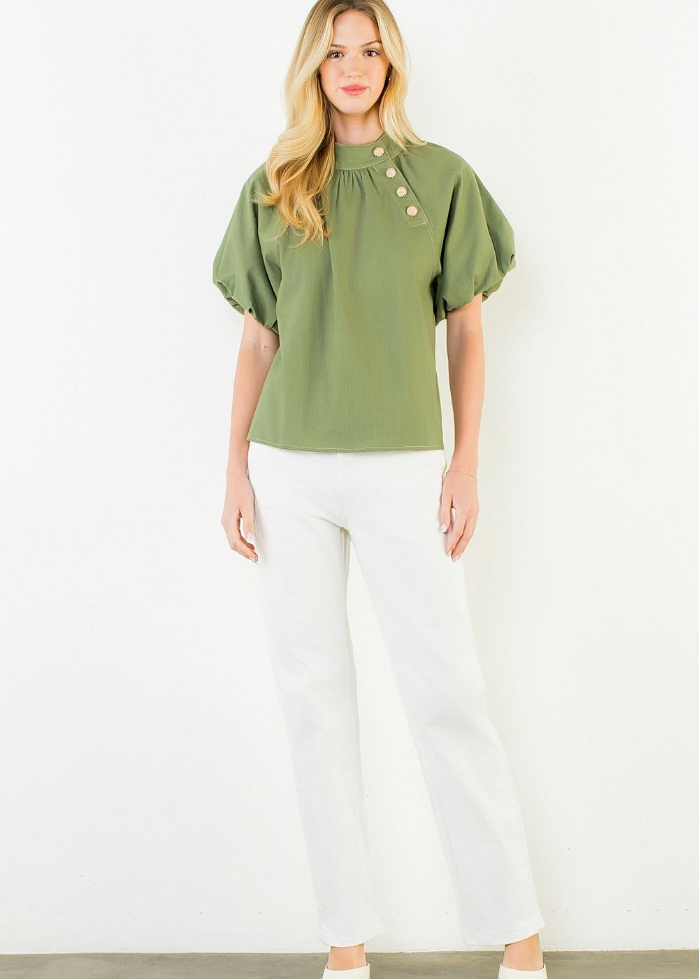 Front view of the Olive Gold Button Blouse by THML, showing the button front and collar detail, from Chatsworth Boutique.