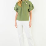 Front view of the Olive Gold Button Blouse by THML, showing the button front and collar detail, from Chatsworth Boutique.