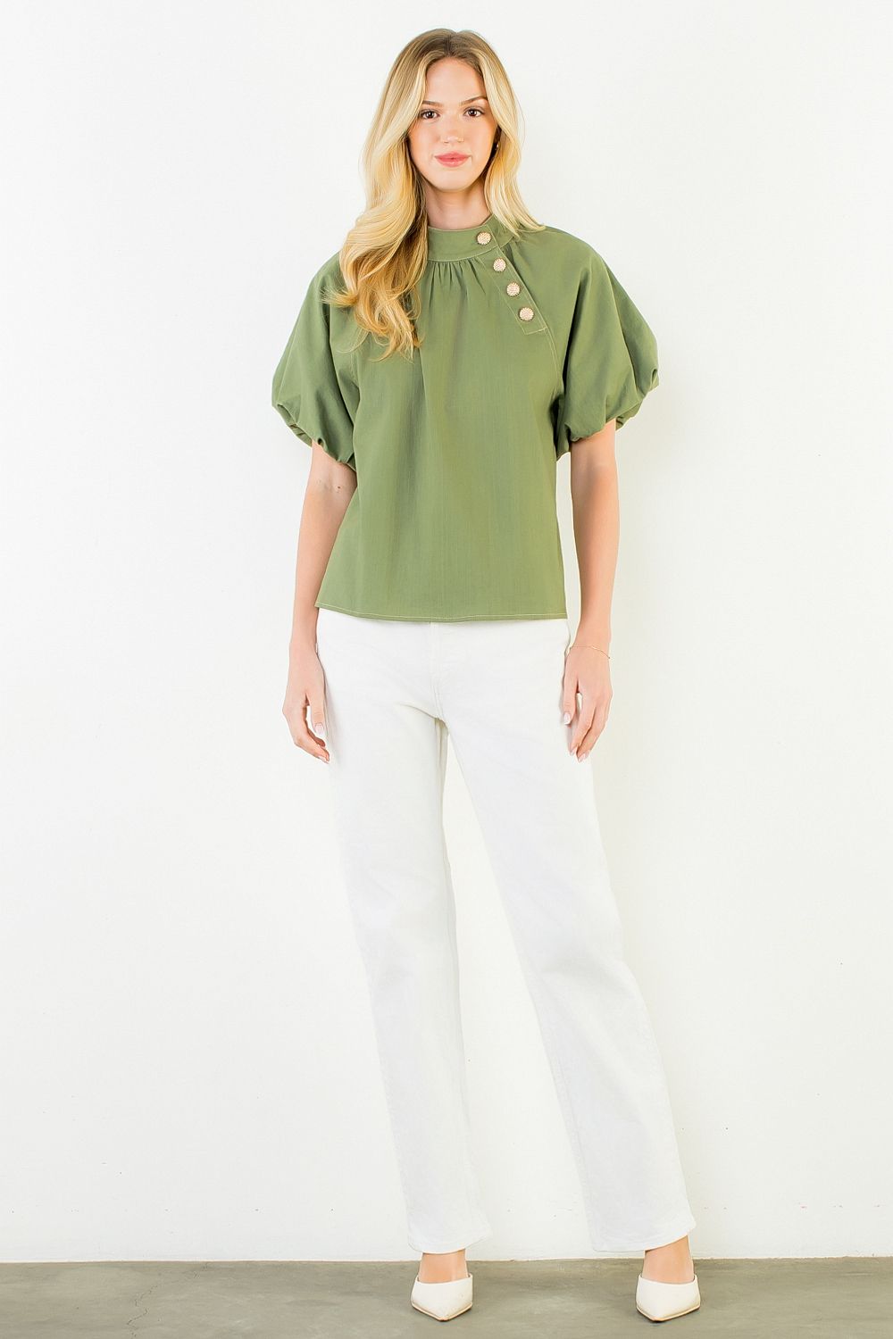 Front view of the Olive Gold Button Blouse by THML, showing the button front and collar detail, from Chatsworth Boutique.