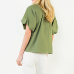 Another front view of the Olive Gold Button Blouse by THML, highlighting the olive colorway and gold buttons, from Chatsworth Boutique.