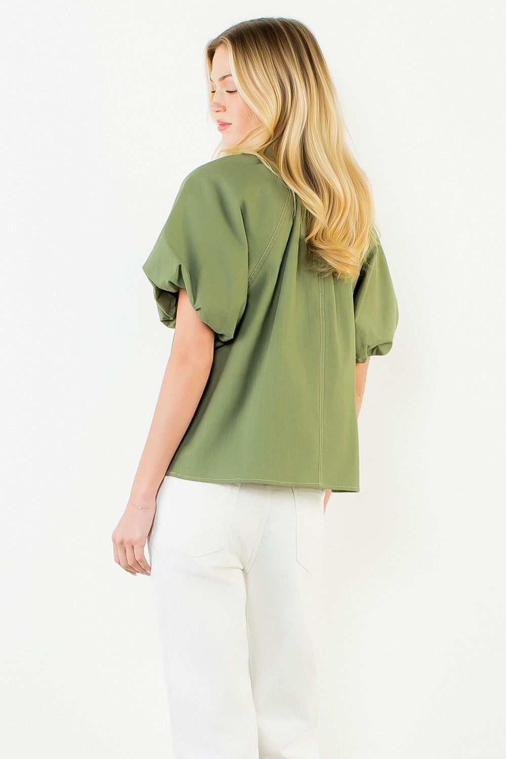 Another front view of the Olive Gold Button Blouse by THML, highlighting the olive colorway and gold buttons, from Chatsworth Boutique.