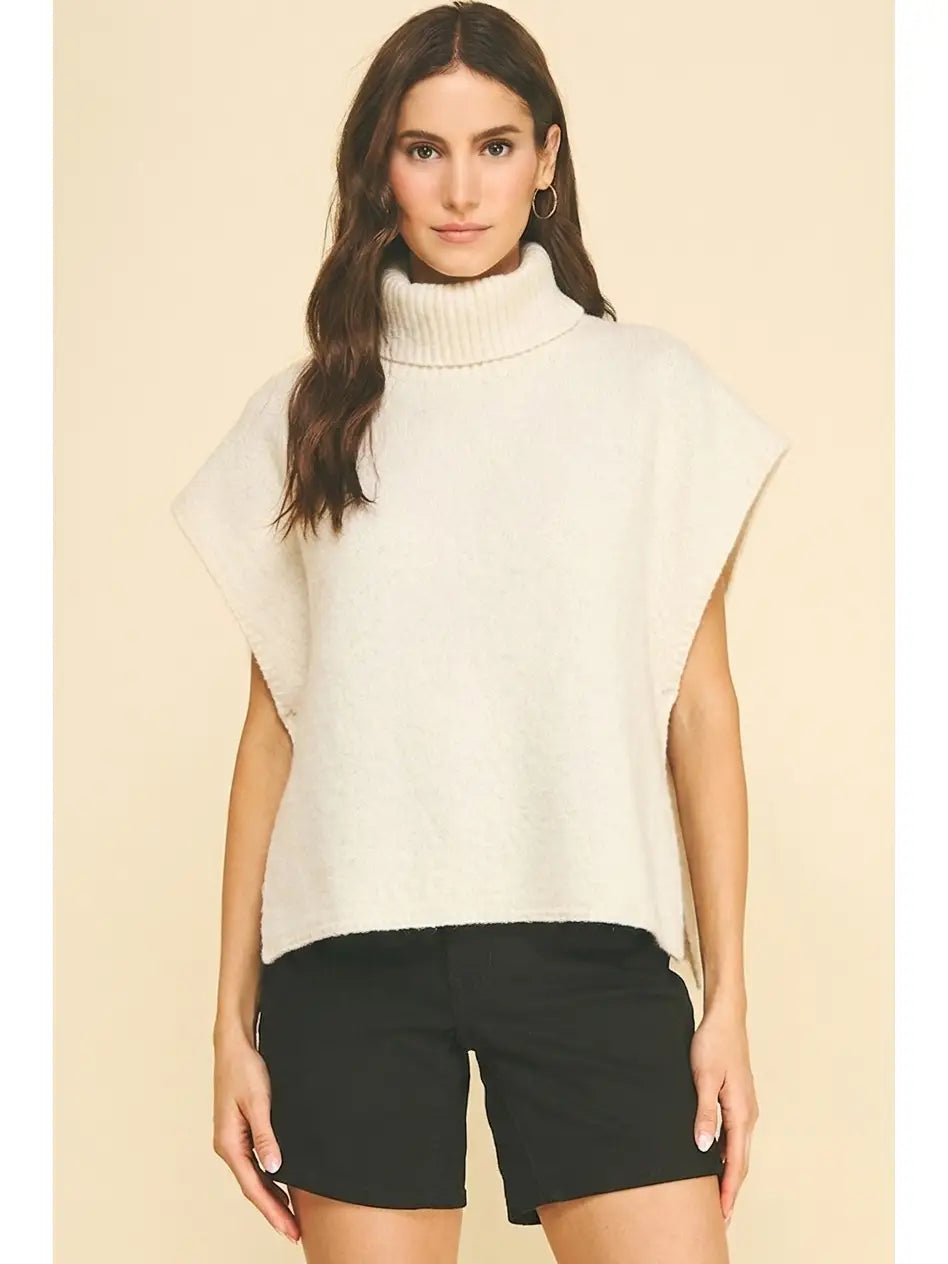 Ivory Turtleneck Knit Vest Poncho, PINCH - front view