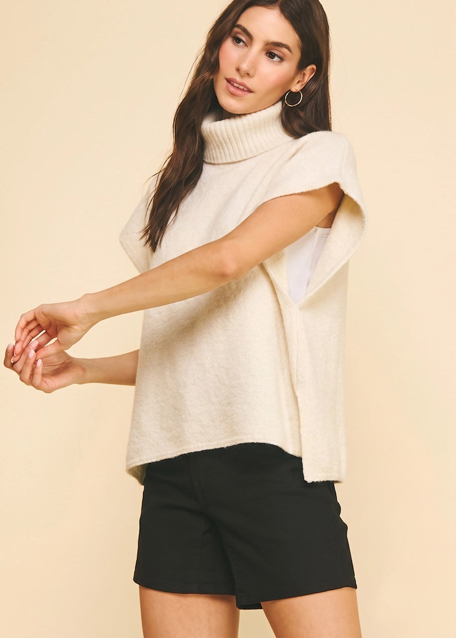 Ivory Turtleneck Knit Vest Poncho, PINCH - styled view