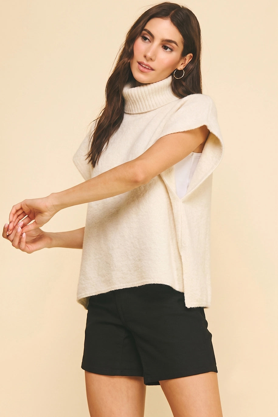 Ivory Turtleneck Knit Vest Poncho, PINCH - styled view