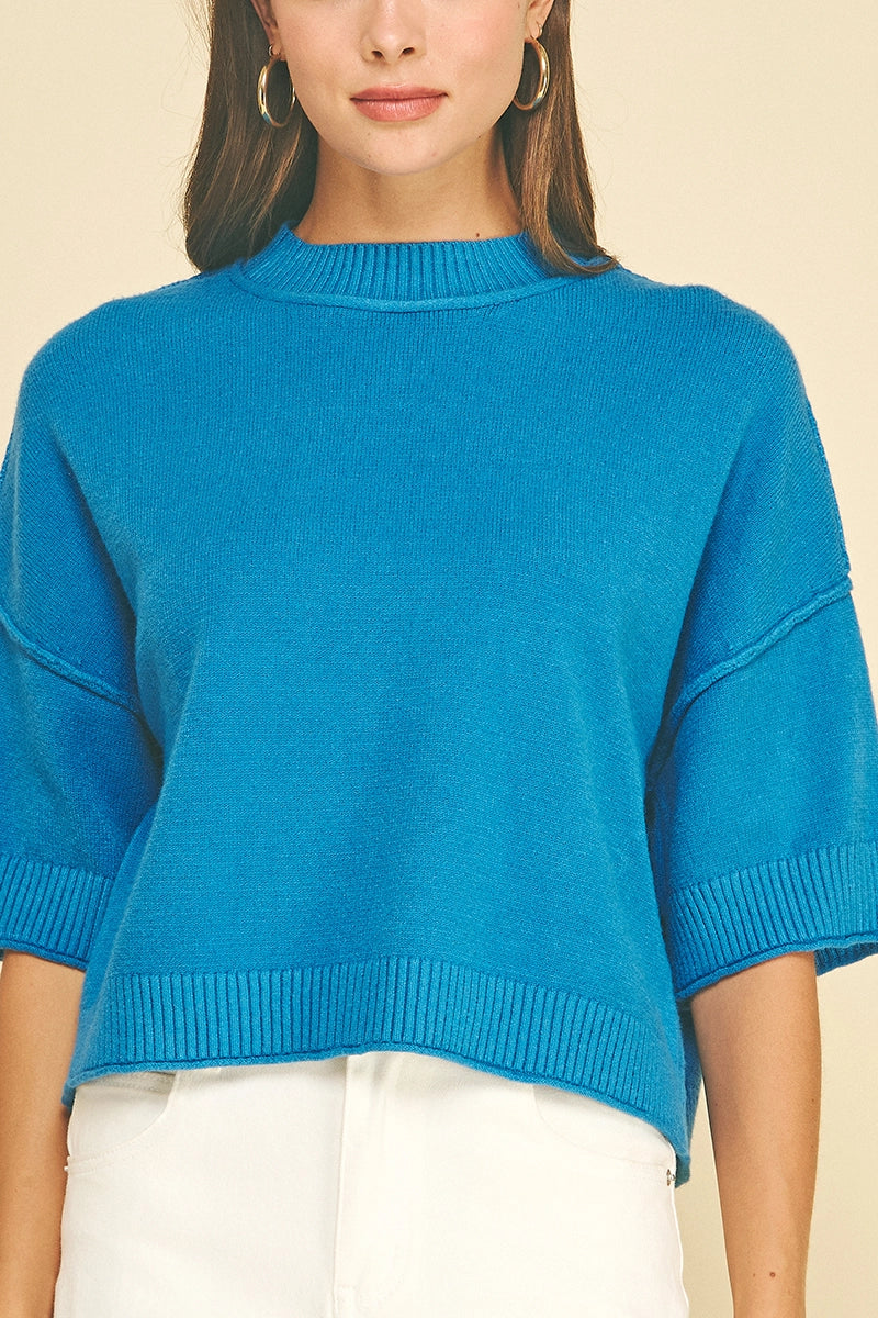 Short Sleeve Sweater Teal, PINCH - back view