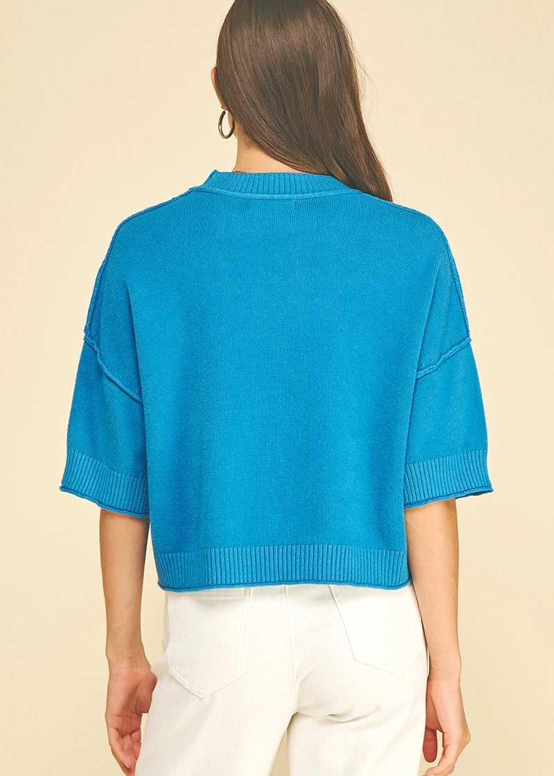 Short Sleeve Sweater Teal, PINCH - side view