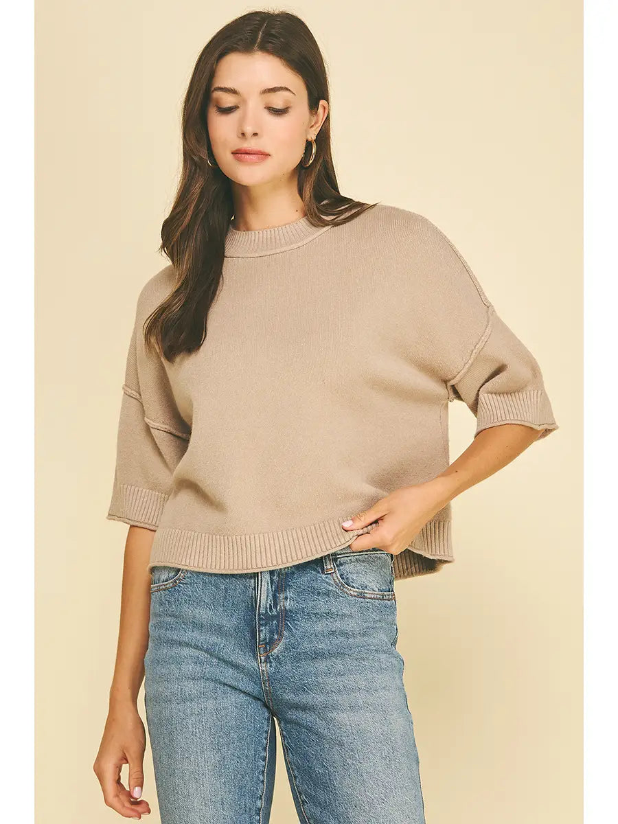 Short Sleeve Sweater White Taupe, PINCH - front view