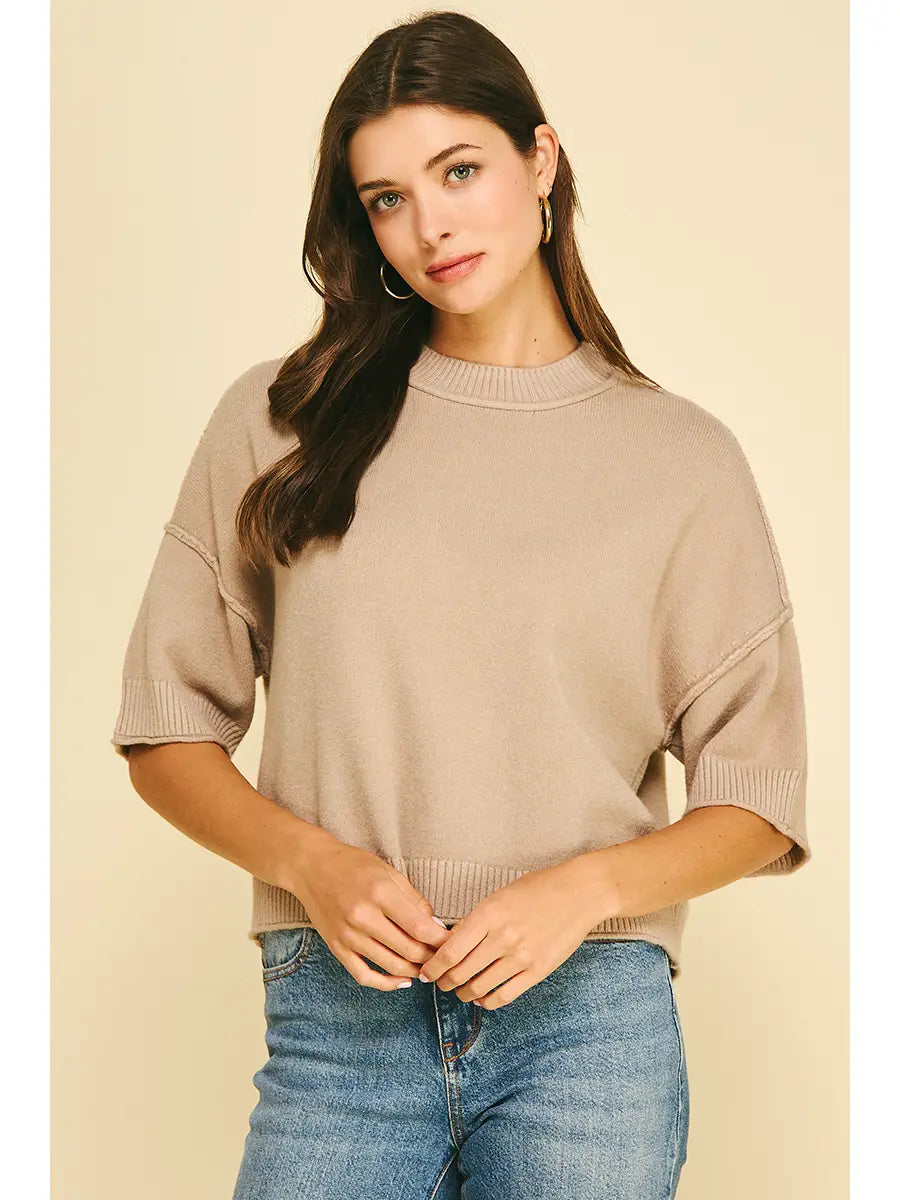 Short Sleeve Sweater White Taupe, PINCH - side view