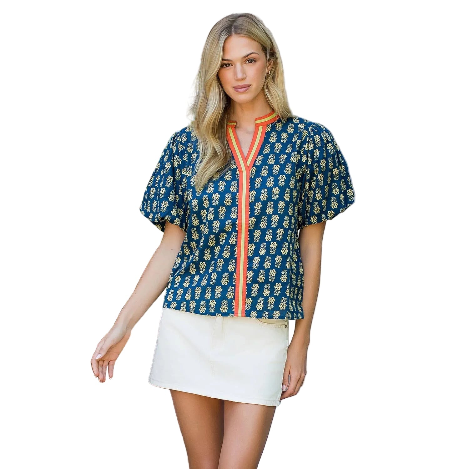 Puff Sleeve Floral Detailed V - Neck Top - Chatsworth Boutique