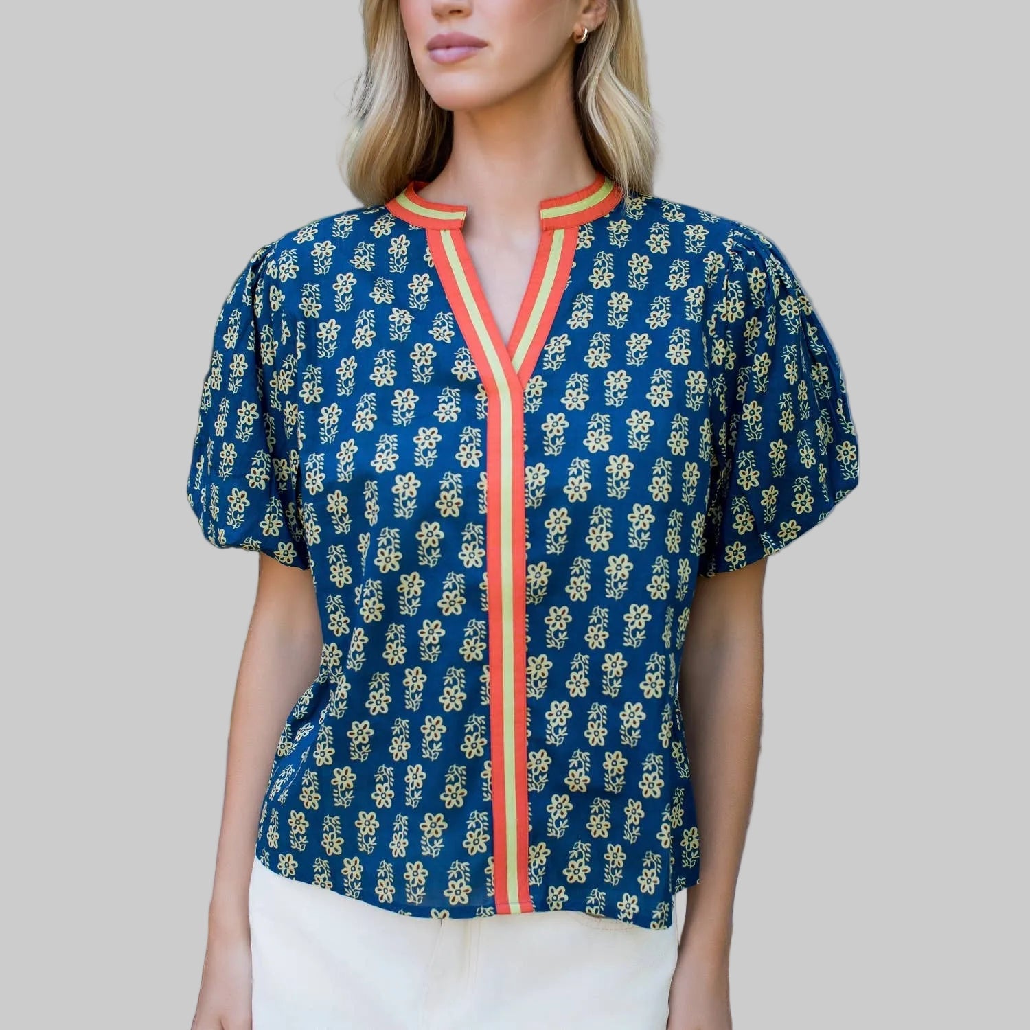 Puff Sleeve Floral Detailed V - Neck Top - Chatsworth Boutique