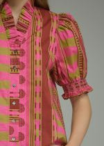 Back view of the Stripes and Dots Blouse in pink and chartreuse by Entro, from Chatsworth Boutique in Fairhope, Alabama.