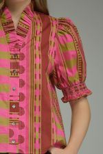 Back view of the Stripes and Dots Blouse in pink and chartreuse by Entro, from Chatsworth Boutique in Fairhope, Alabama.