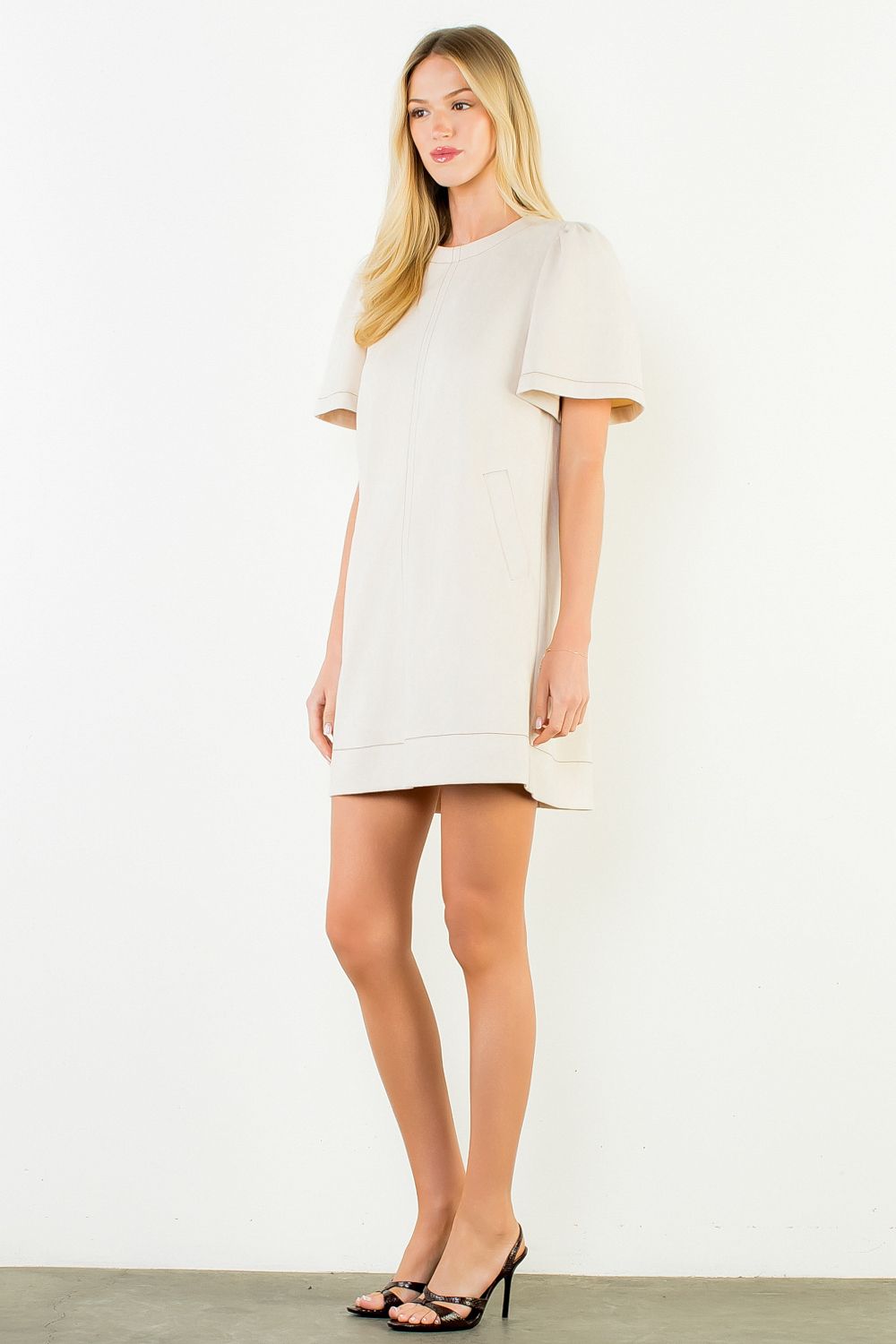 THML ivory suede-touch short sleeve dress, front view