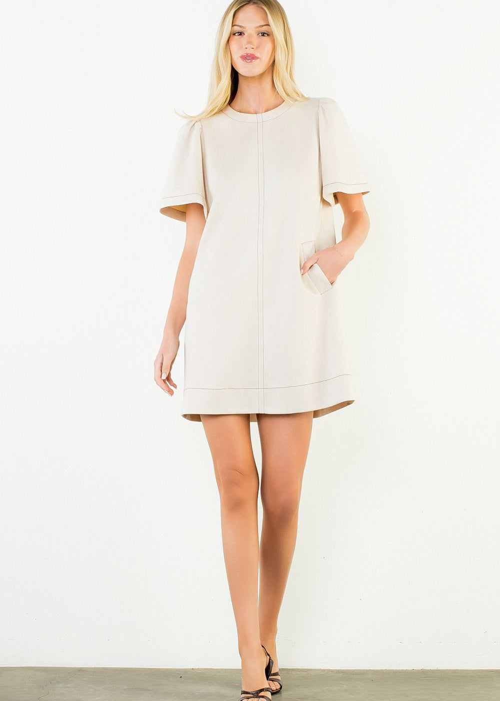 THML ivory suede-touch short sleeve dress, women's fall dress