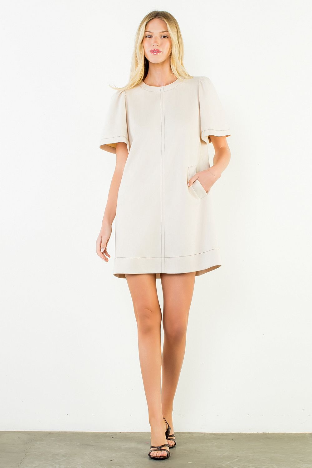 THML ivory suede-touch short sleeve dress, women's fall dress