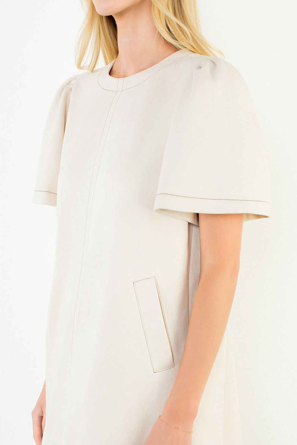 THML ivory suede-touch short sleeve dress, back view