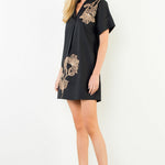 Black embroidered floral mini dress, 100% cotton, women's evening dress
