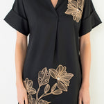 Black embroidered floral mini dress, embroidery detail