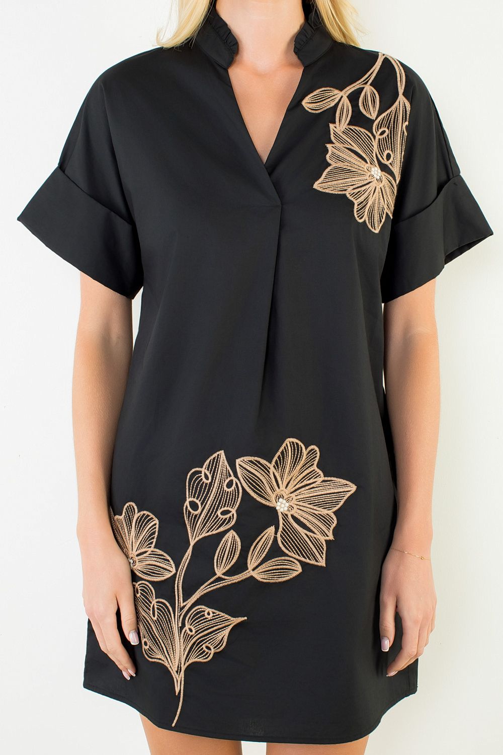 Black embroidered floral mini dress, embroidery detail