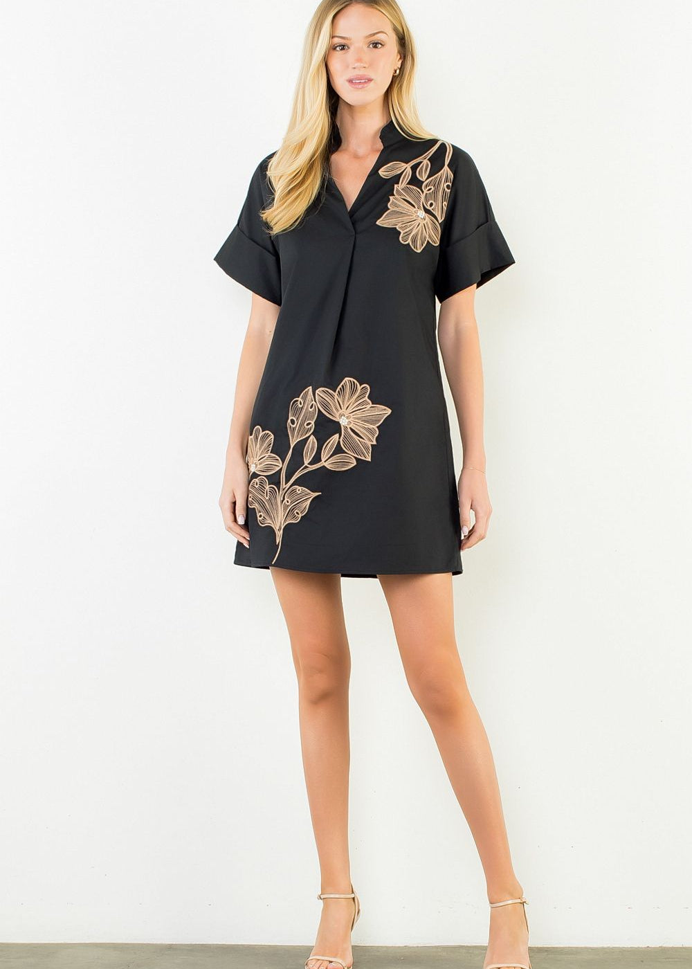 Black embroidered floral mini dress, front view