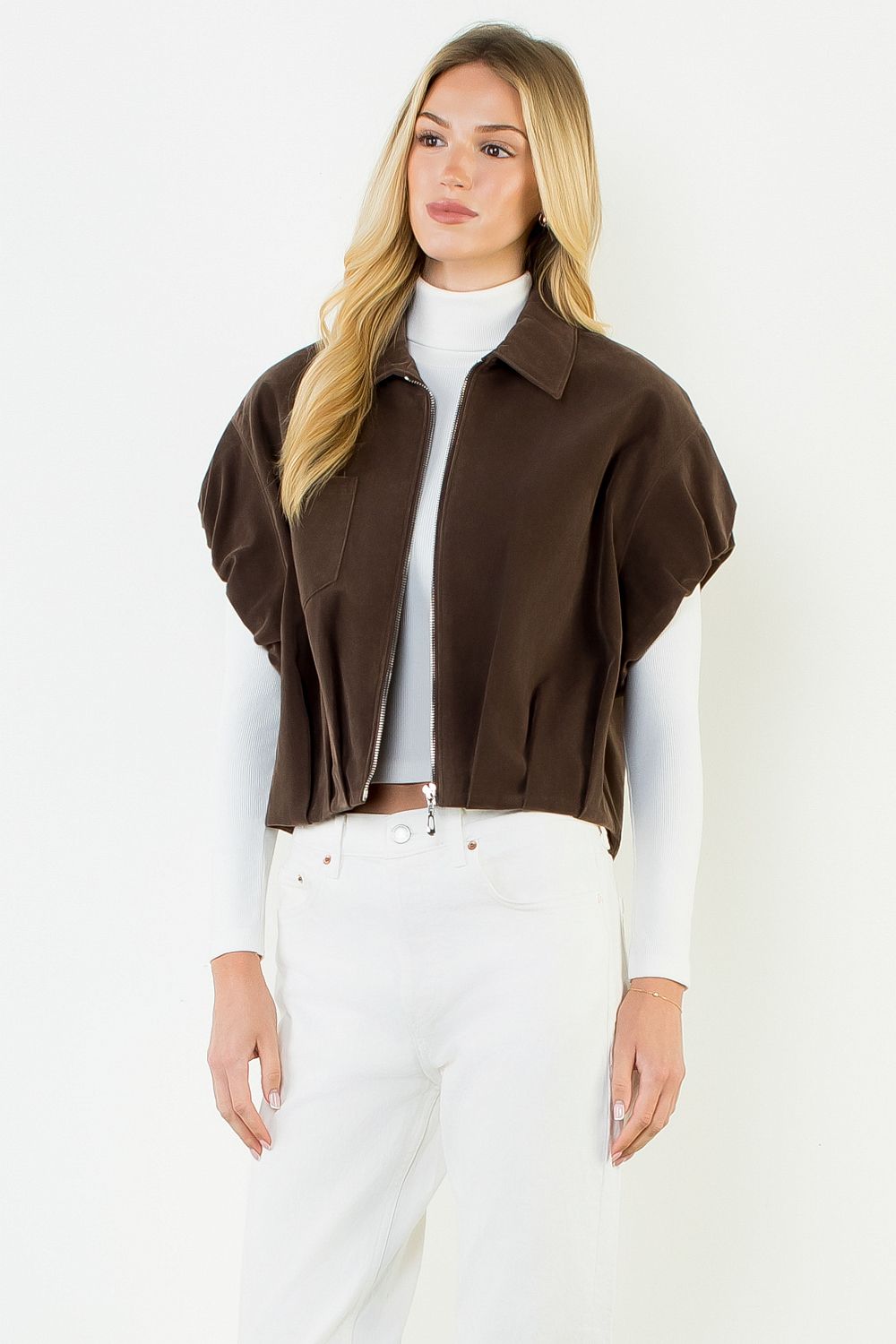 Suede Zip Jacket, Chocolate, Detail - THML