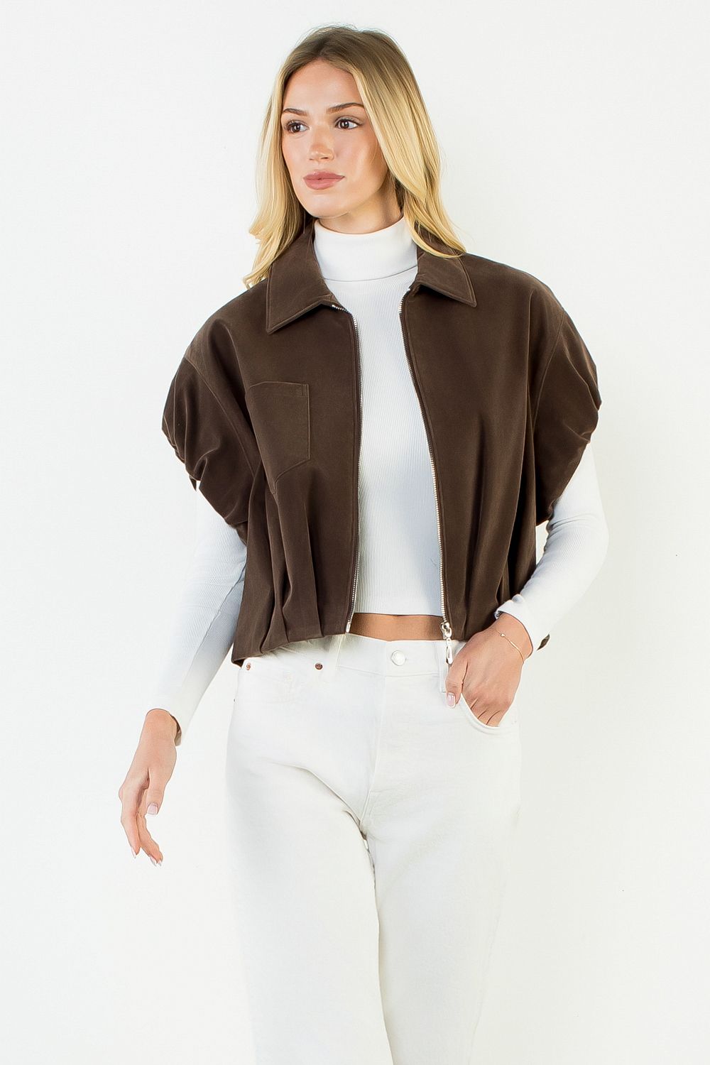 Suede Zip Jacket, Chocolate - THML