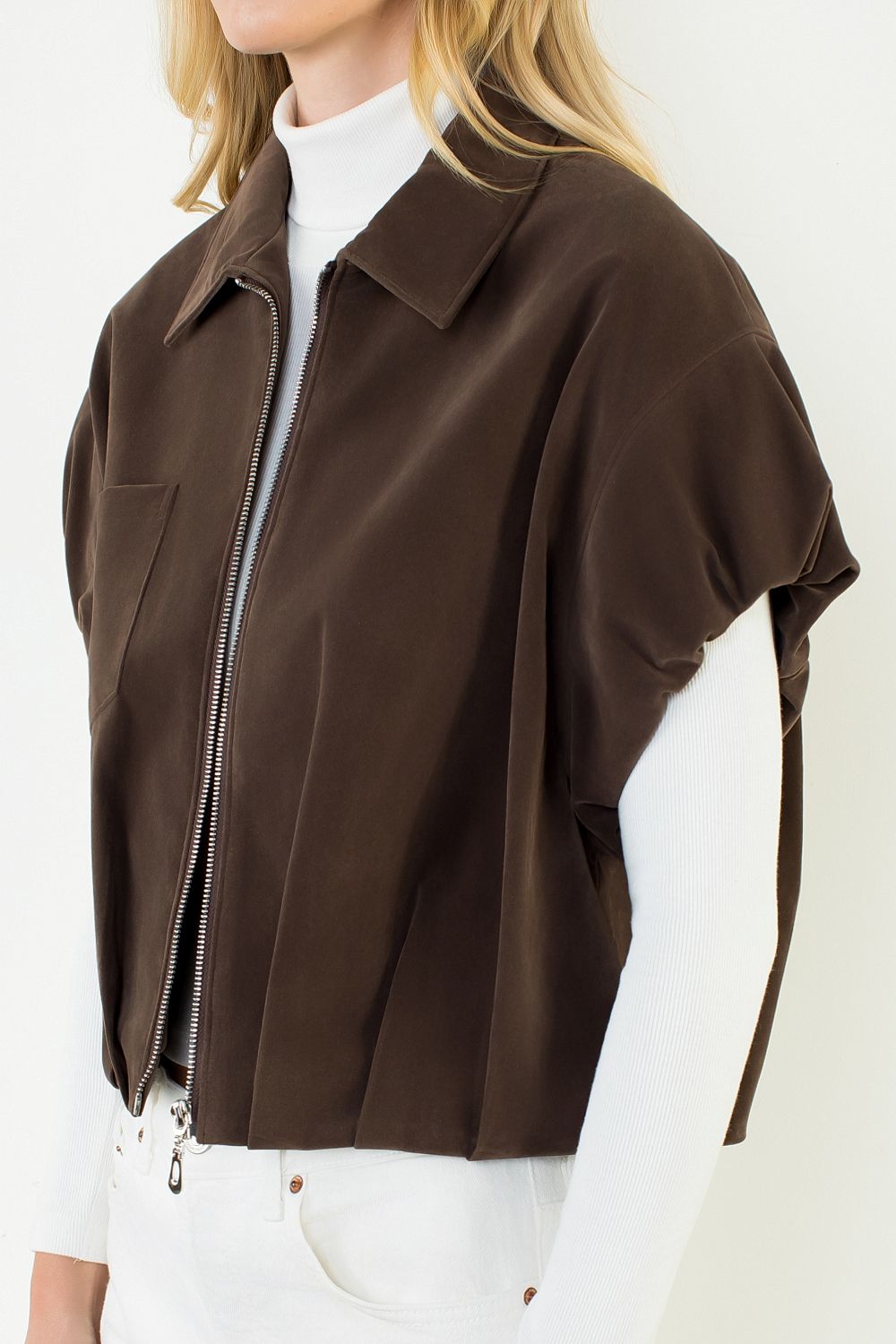 Suede Zip Jacket, Chocolate, Back View - THML
