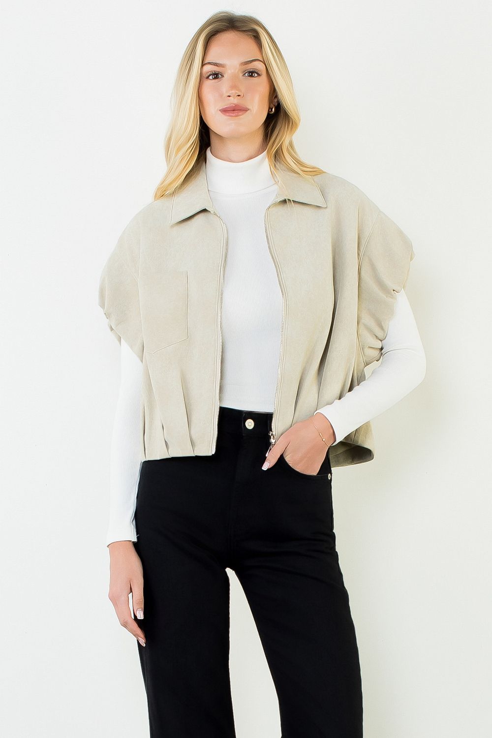 Suede Zip Jacket, Ivory, Detail - THML