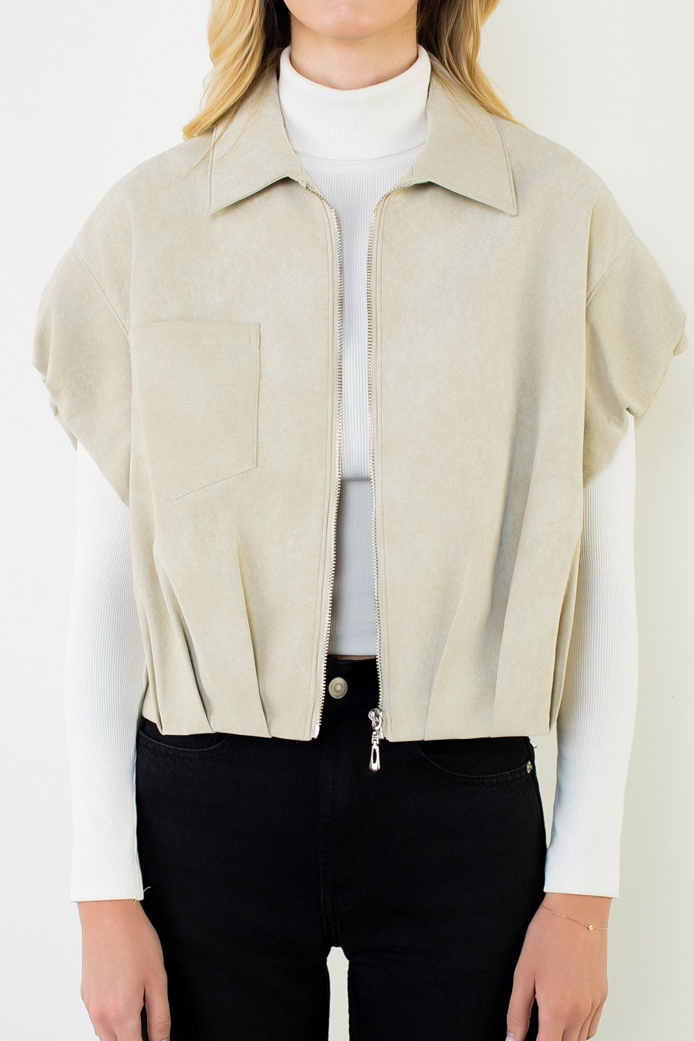 Suede Zip Jacket, Ivory - THML