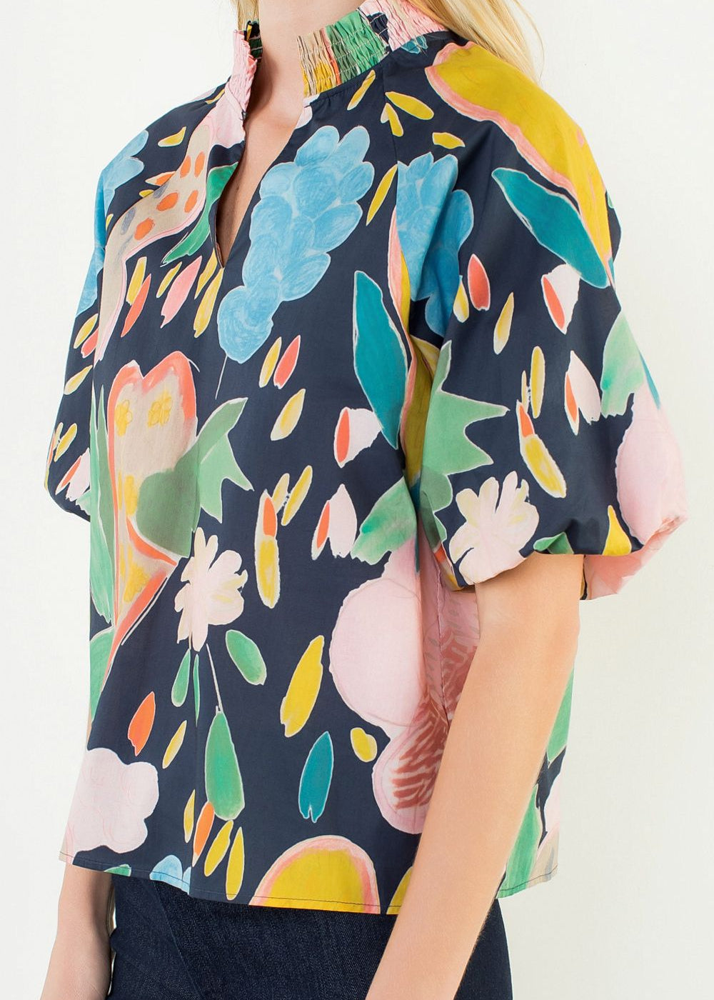Navy Floral Puff Slv Blouse