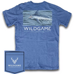Blue t-shirt with Wildgame Collective logo and fish design on a white background