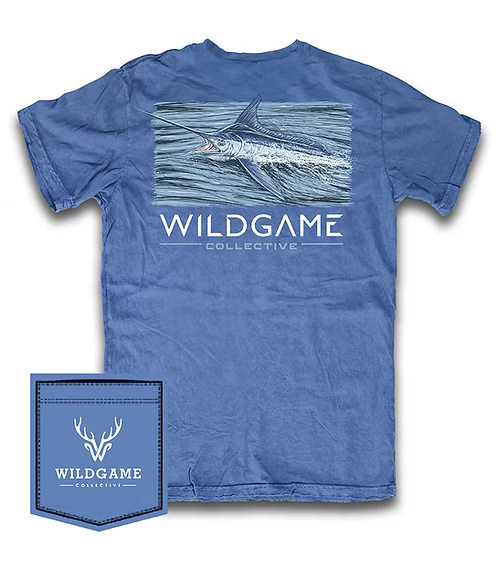 Blue t-shirt with Wildgame Collective logo and fish design on a white background